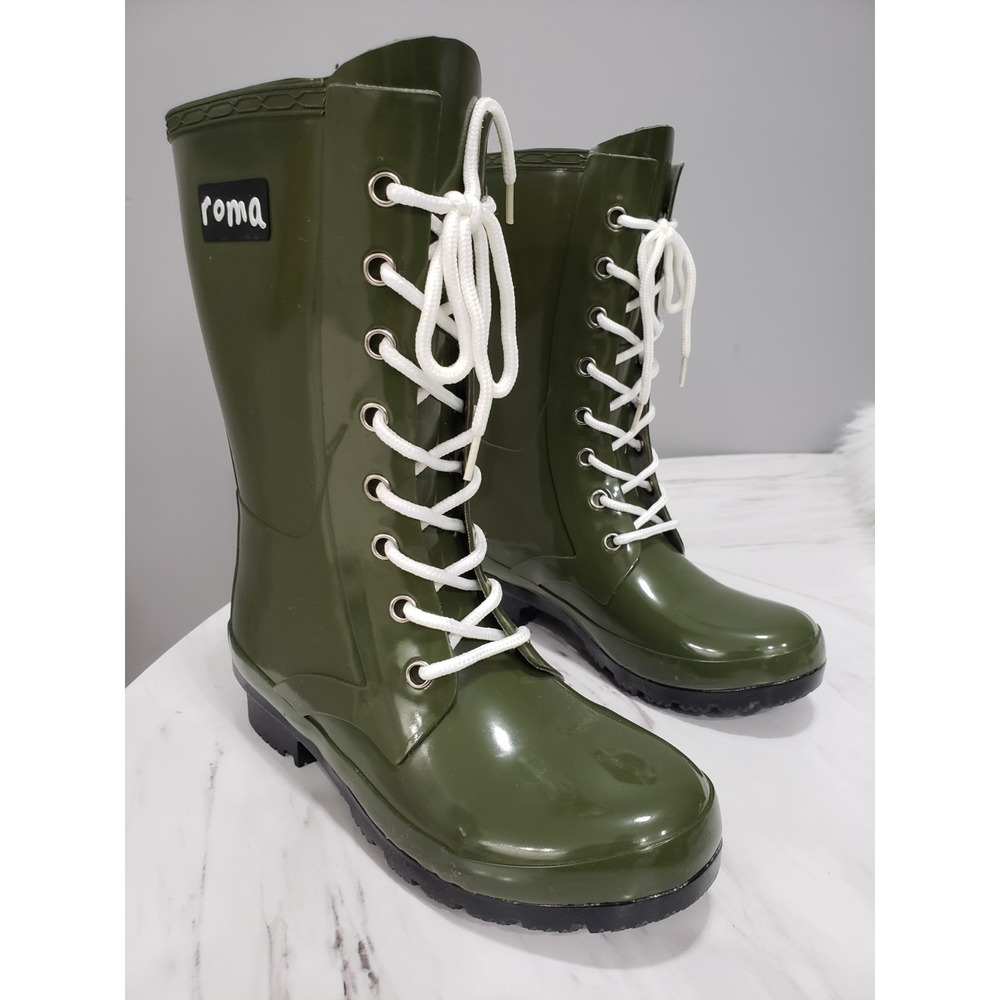 NEW NO BOX Roma Women's Epaga Rain Boot Lace Up Dark Camo Green Rubber Size 5